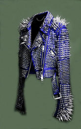 New Mens Full Blue Punk Silver Long Spiked Studded Leather Brando Jacket, Blue Studded Jacket, Men Jacket, Blue Spiked leather jacket